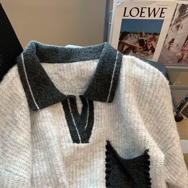 Áo sweater Dệt Kim Cổ polo Màu Tương Phản Phong Cách Phương Tây Thời Trang Thu Đông Cho Nữ