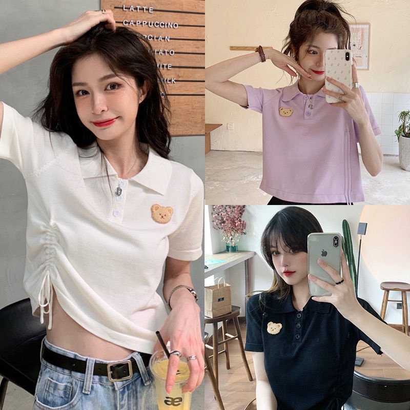 Áo Thun Tay Ngắn Cổ polo Phối Dây Rút In Hình Gấu Dễ Thương Cho Nữ JL-TX-266