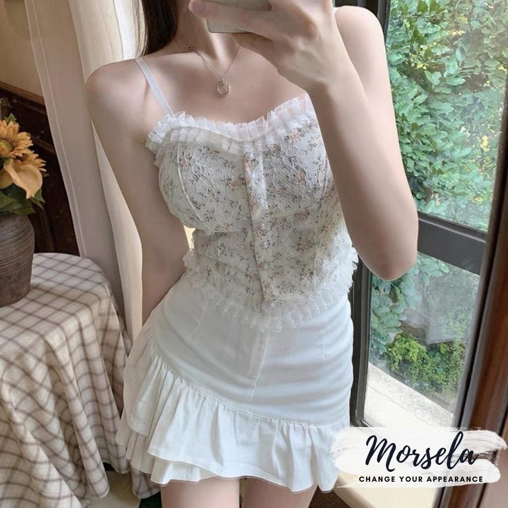 Áo bra ren 2 dây họa tiết hoa nhí viền bèo phối nút phong cách tiểu thư sang trọng - Morsela