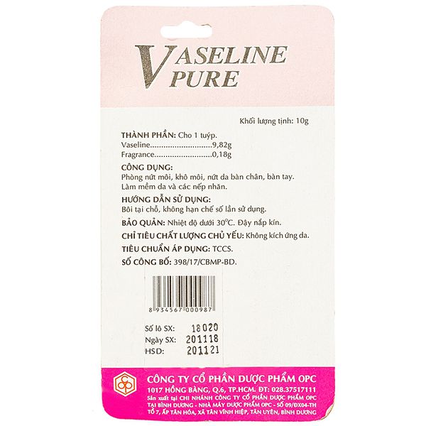 Tuýp dưỡng ẩm hương dâu Vaseline Pure – OPC (10g)