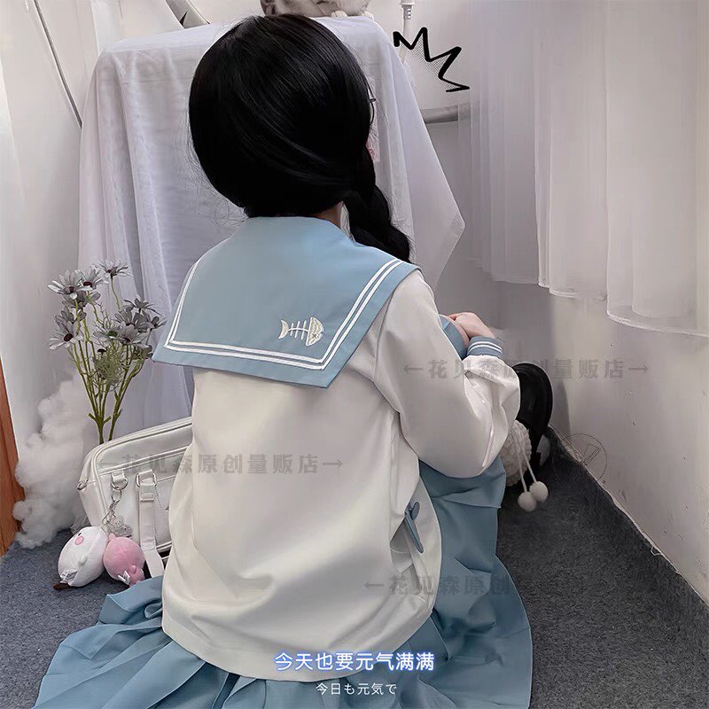 Set váy áo Đồng phục học sinh Nhật Bản - Seifuku Brand Hoa Kiếm Sâm - Váy Xanh kèm nơ #SEIFUKU #HOAKIEMSAM