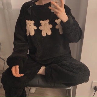 [RẺ VÔ ĐỊCH]bộ đồ ngủ mùa đông lông cừu giữ nhiệt tốt, thêu hình gấu mềm mịn bộ lông cho nữ siêu ấm, bộ mặc nhà freesize