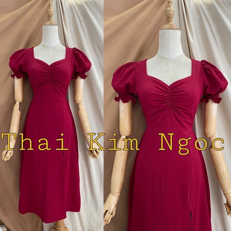 Đầm cổ vuông tay phồng nhíu ngực xẻ tà