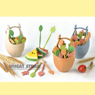 HCM -  Giỏ hoa trang trí kèm 16 nĩa trái cây nhựa lúa mì thiên nhiên