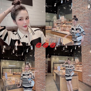 Váy len thỏ tai dài cổ bẻ dáng xuông, kẻ ngang siêu hot 067