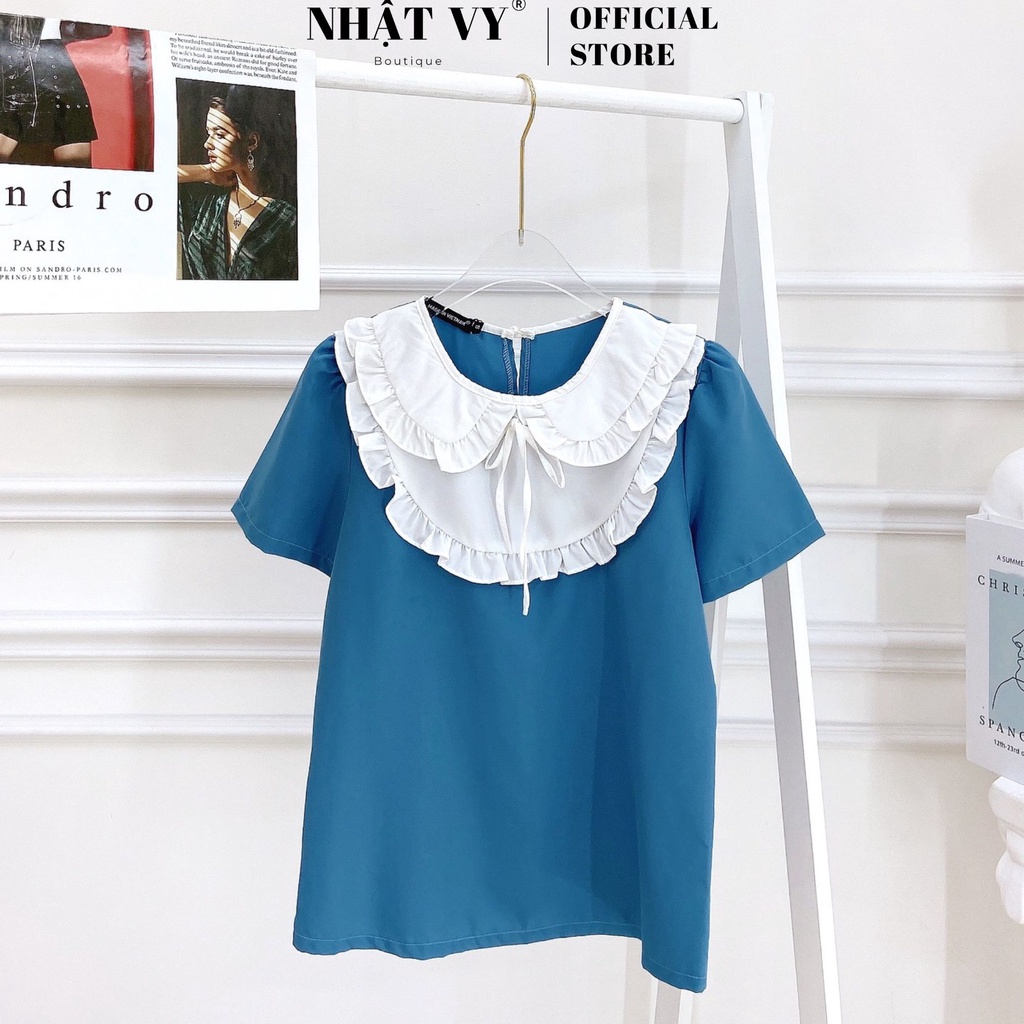 Áo Nữ NHẬT VY Phối Cổ Bèo 2 Tầng Tay Ngắn Chất Cotton Màu Nude, Xanh - D2131