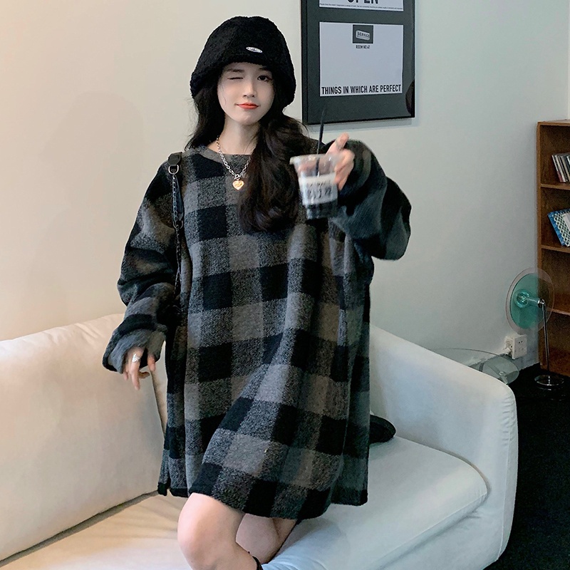 Áo sweater nữ tay dài dáng rộng kẻ sọc caro phong cách Hàn Quốc mới
 | BigBuy360 - bigbuy360.vn