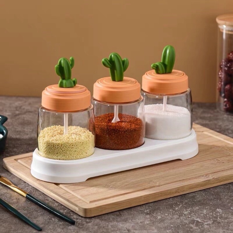 (FREESHIP) hũ đựng gia vị thủy tinh xương rồng cao cấp, hũ bột canh kèm muỗng thìa đẹp