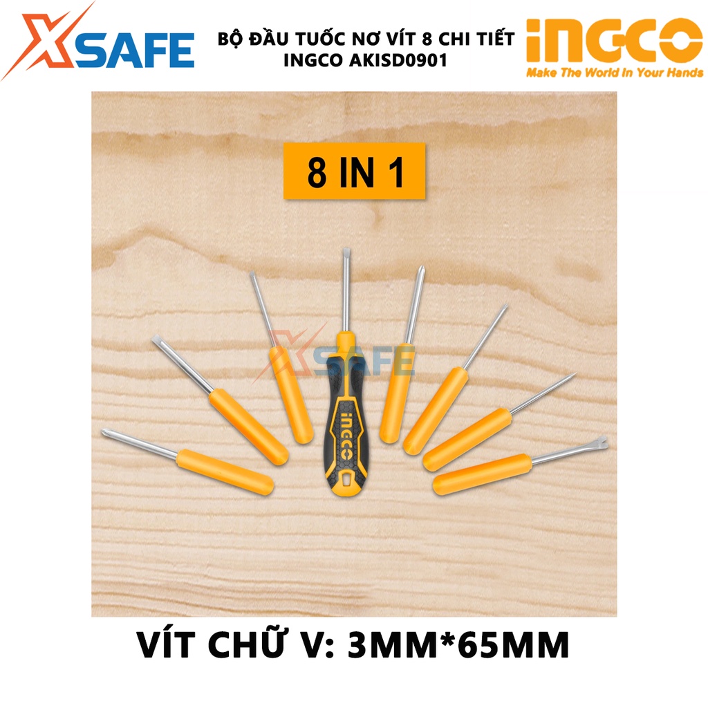 Bộ 9 tua vít đa năng INGCO AKISD0901 Bộ tuốc nơ vít thép CR-V đầu vít khỏe, cứng cáp, tay cầm có thể hoán đổi