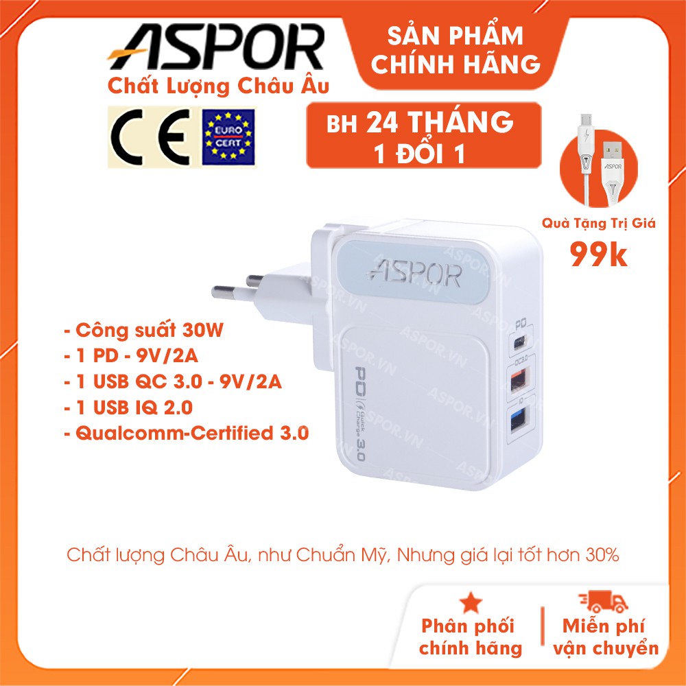 Cốc sạc ASPOR 1 Cổng PD- 2 cổng USB quick charge 3.0  30W - A838PD