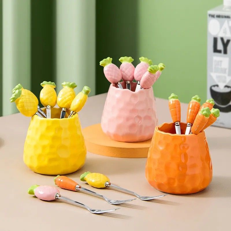Bộ Muỗng Nĩa Ăn Tráng Miệng Bằng Thép Không Gỉ Hình Trái Cây Dễ Thương
