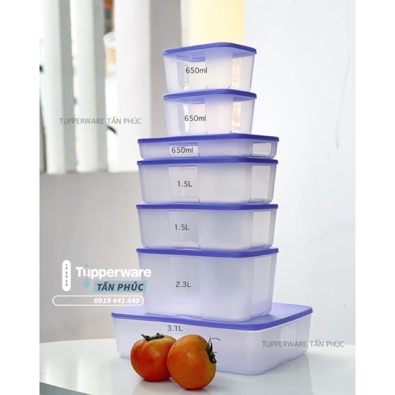 Bộ đông 7 hộp Tupperware nắp tím Essential Fit 7 - Hàng chính hãng Tupperware phân phối tại Việt Nam