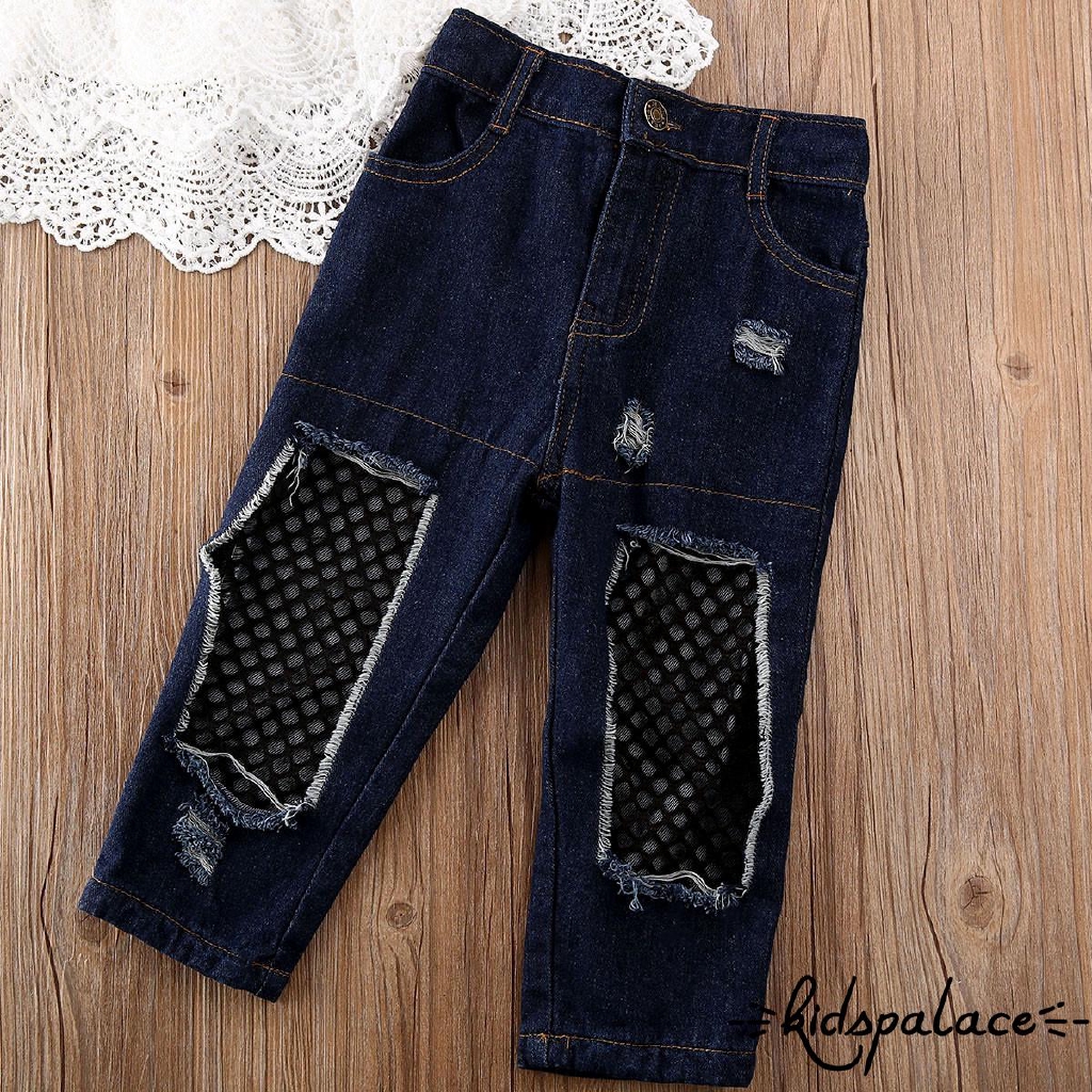 Set Áo Ren Hoa + Quần Jeans Rách Cho Bé Gái