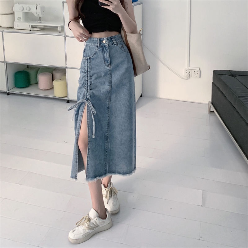 COZOK Chân váy jean Lưng Cao Xẻ Tà Thời Trang Dễ Phối Đồ