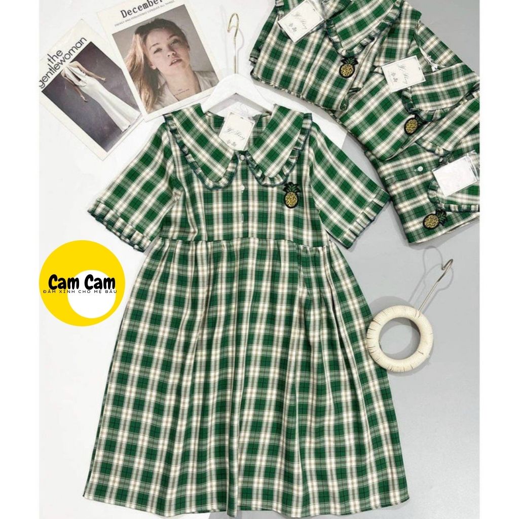 Váy bầu xinh caro xanh xinh, 3 kiểu nhẹ nhàng, chất kate thoáng mát dễ mặc