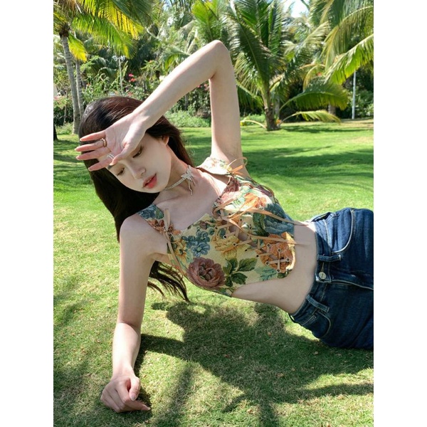 Corset vintage, áo hai dây bản to retro, áo hoa retro Pháp, corset hoa❤️