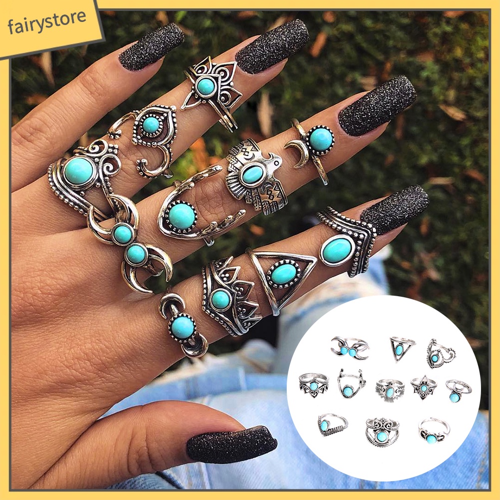 Set 11 nhẫn đính đá ngọc lam giả phong cách boho cổ điển cho nữ