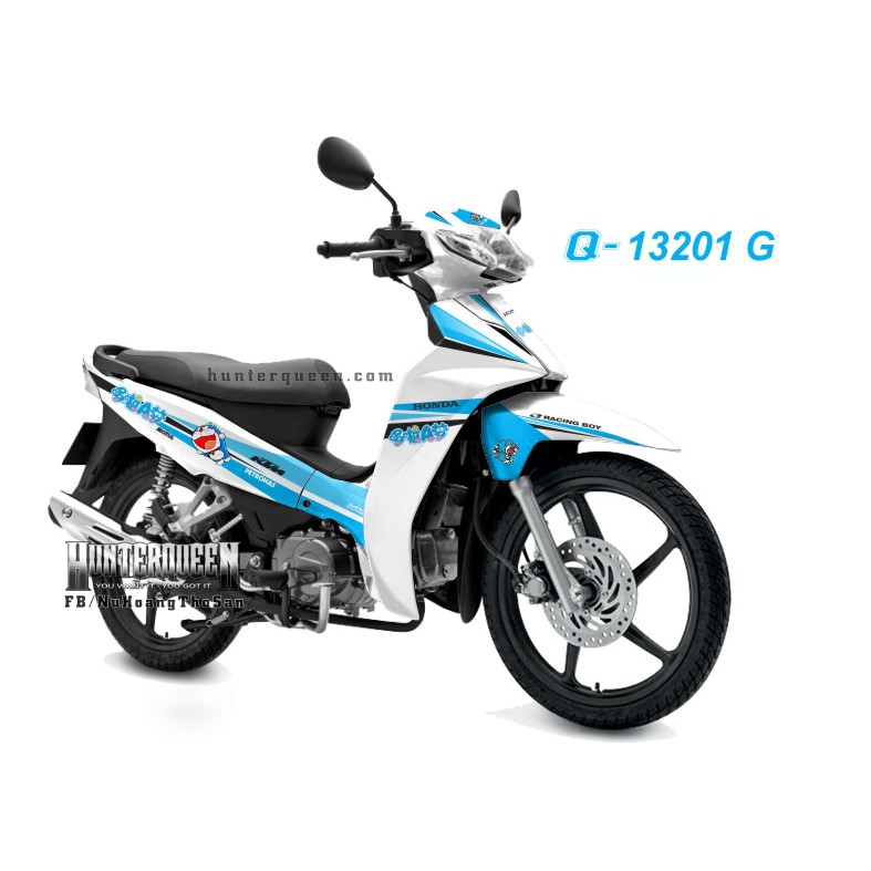 Tem rời xe Honda Wave Blade, dán xe màu trắng. Decal tem chế Doraemon đẹp, chất lượng cao. Sắc nét, bền màu