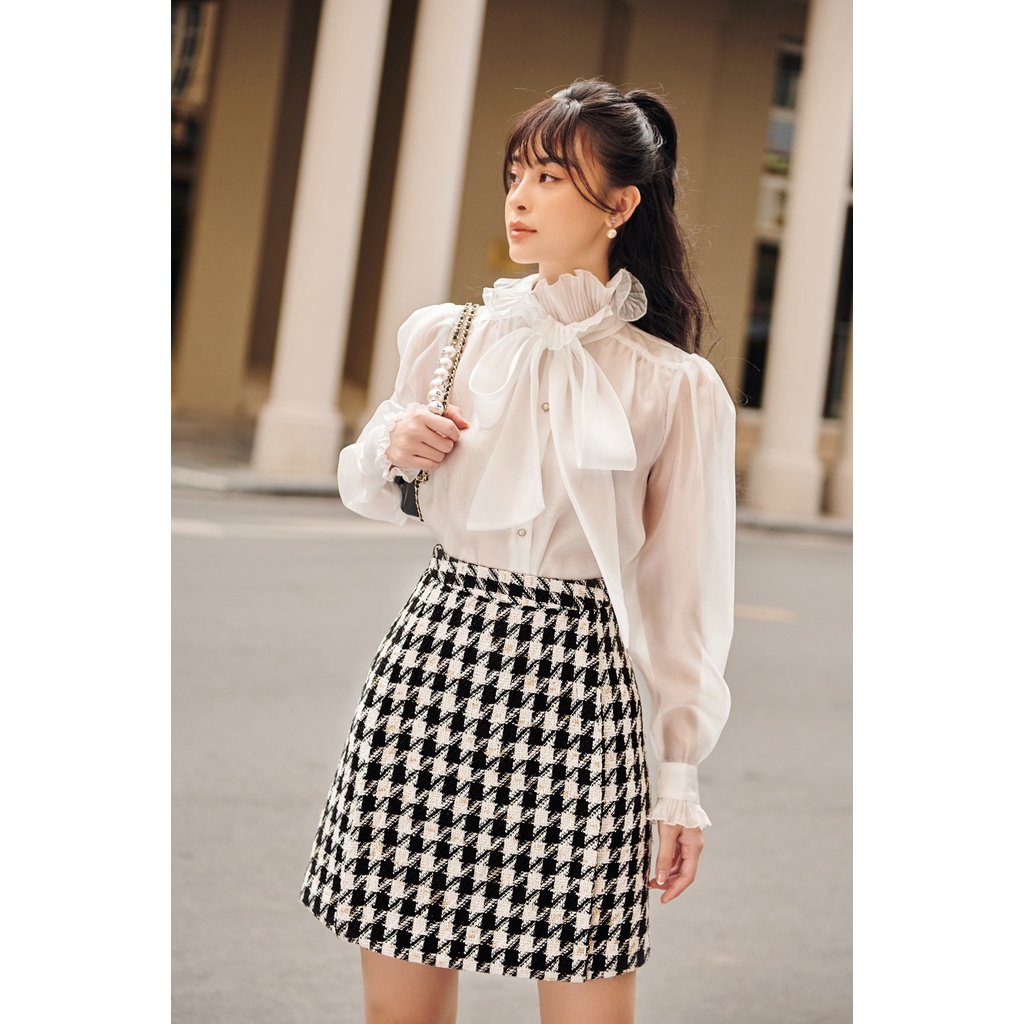 Áo sơ mi lụa nữ HUONGBOUTIQUE HBSM854 cổ bèo thắt nơ