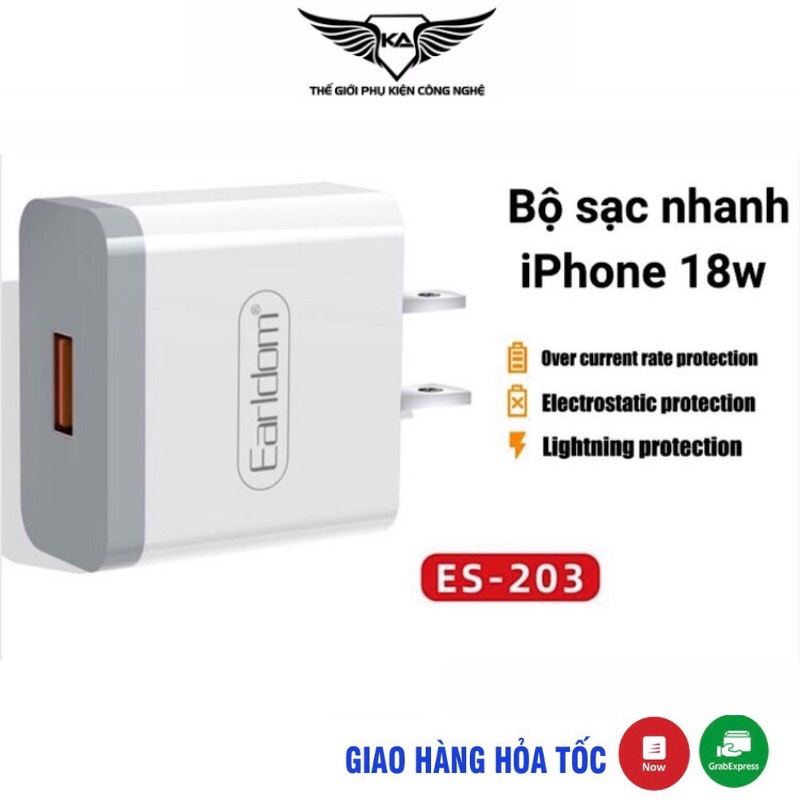 Bộ Sạc Nhanh IP 18W Chính Hãng Earldom ES – 203, củ sạc nhanh ip chống cháy nổ [ Bảo hành 24 tháng ]