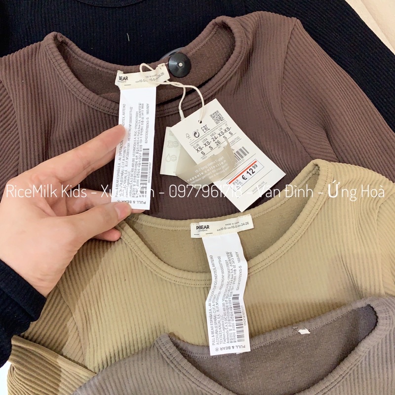 Áo Croptop Pullandbear Gân Tăm Ôm Body, Cổ Tròn Tay Dài Co Dãn Hàng Tuồn, Xuất Dư Xịn