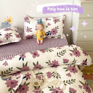 BỘ VỎ CHĂN GA GỐI POLY HOA LÁ TÍM (HÀNG NHẬP KHẨU)