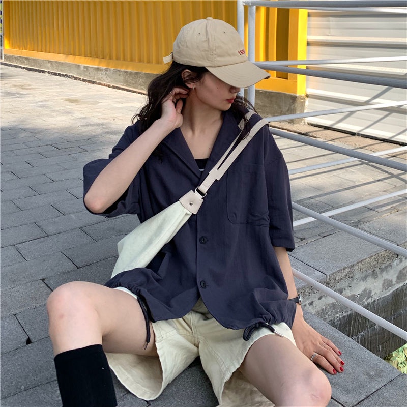 COZOK Áo Sơ Mi Tay Ngắn Dáng Rộng Phong Cách retro Hàn Quốc