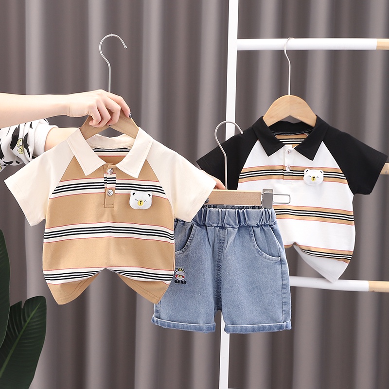 Quần Short Denim 100% cotton Kẻ Sọc Ngang In Hình Gấu Dễ Thương Cho Bé 0-6 Tuổi