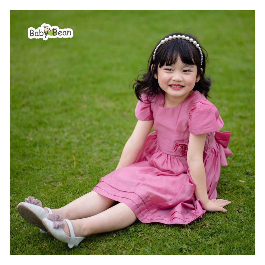 [MÃ RẺ VÔ ĐỊCH HOÀN XU 12%] Đầm Tơ Giấy Dự Tiệc Tay Búp Sen Đính Hoa Hồng Bé Gái BabyBean