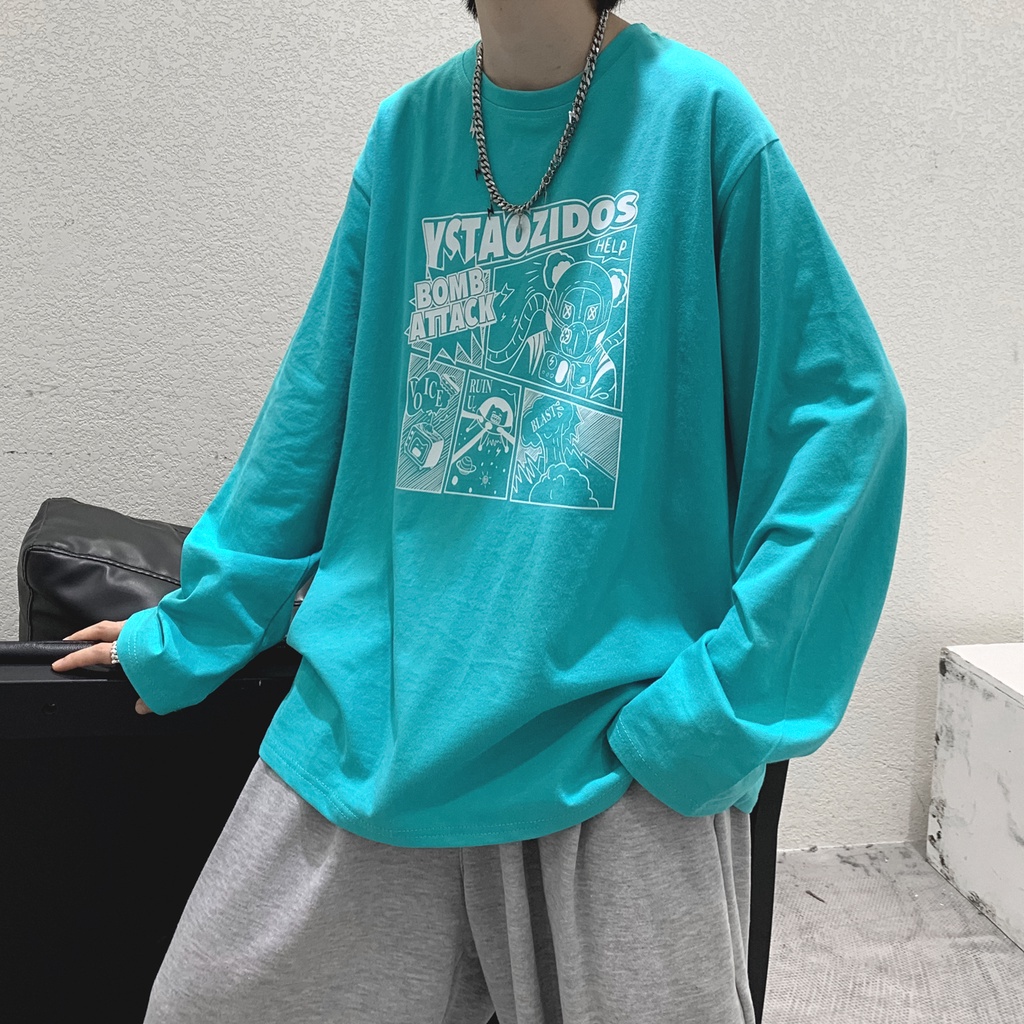 Áo Thun Tay Dài Dáng Rộng In Họa Tiết Hoạt Hình Thời Trang Xuân Thu Cho Nam