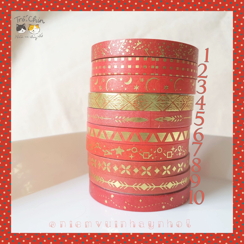 [HÀNG CÓ SẴN] [ẢNH THẬT] Washi tape nhũ ánh kim MÀU ĐỎ Gold Red Washi tape (kích thước 5mm*2m)