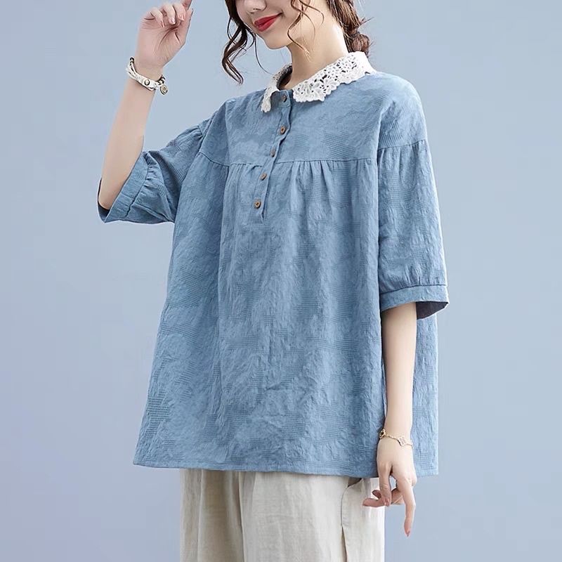 ￼Áo bầu mùa hè - Áo sơ mi bầu cổ ren hoa 3D (50-75kg)