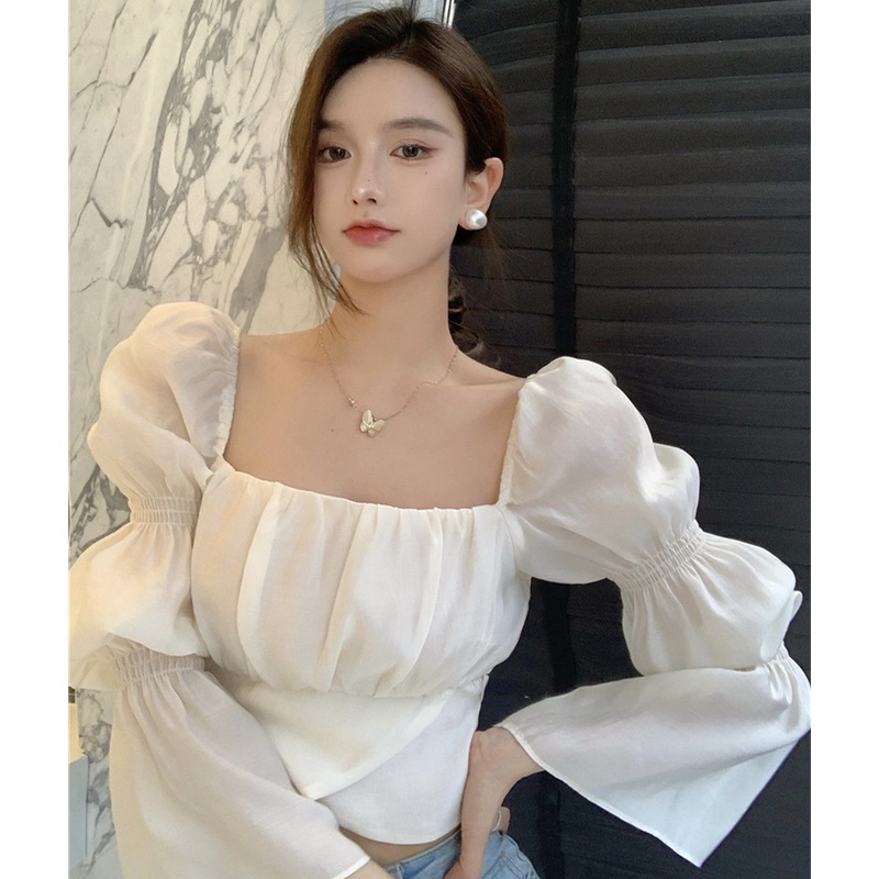 Áo Croptop Tay Loe Dài Phối Nơ Thiết Kế Hợp Thời Trang