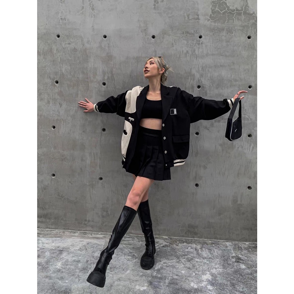Áo khoác bomber cổ vest đen trắng cá tính Hàn Quốc - Áo blazer cách điệu unisex nam nữ
