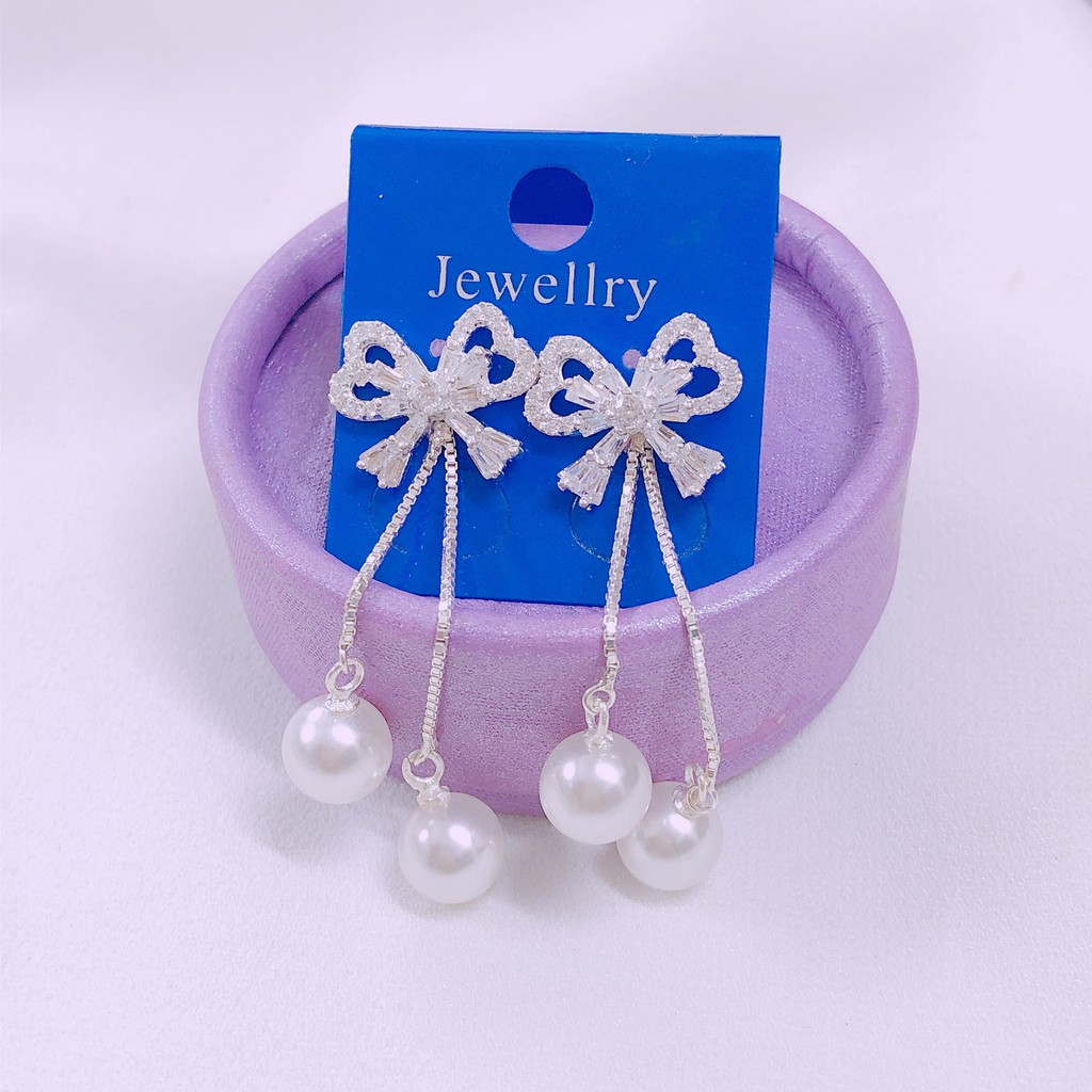 Bông tai bạc ta dáng dài hình nơ treo hạt châu duyên dáng phù hợp đi dự tiệc - Bạc Bibi