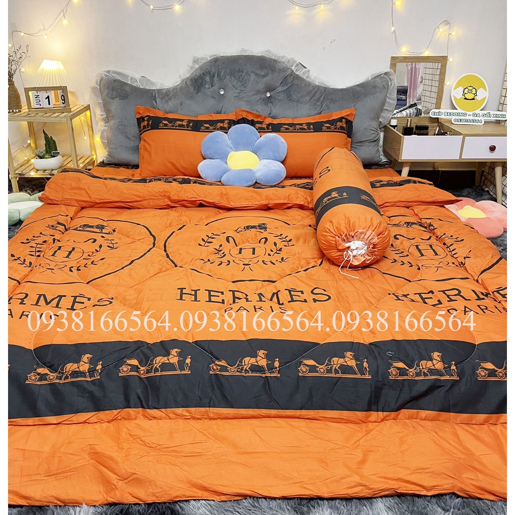 TRỌN BỘ COTTON POLY 5 MÓN CHĂN PHAO DÀY DẶN HÀNG VN HỌA TIẾT HERMES CAM - ĐỦ KÍCH THƯỚC