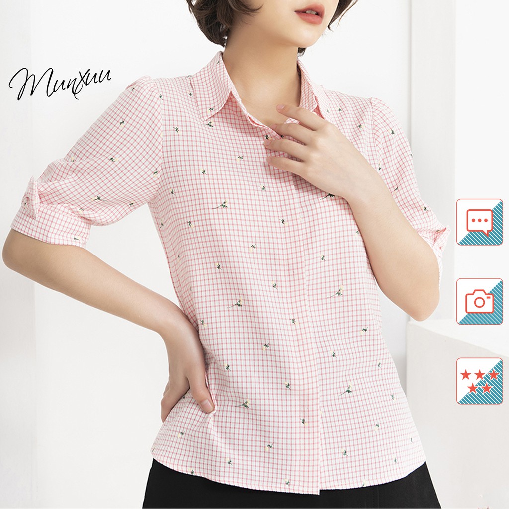 Áo sơ mi nữ caro MUNXUU thiết kế tay lỡ, họa tiết hoa nhí dễ thương - BS07 Hồng
