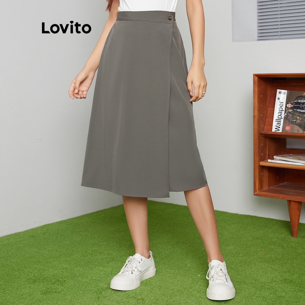 Chân váy Lovito xếp nếp đẹp mềm mại cài nút tôn dáng màu trơn thường ngày L27ED066 (màu xám đậm)