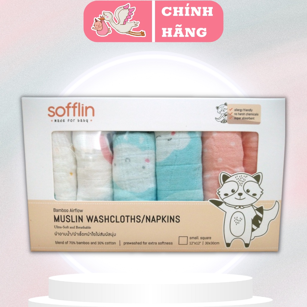 (Hàng Cao Cấp) Hộp 6 Khăn Sữa/Khăn Xô Sợi Tre 2 lớp Sofflin Thái Lan