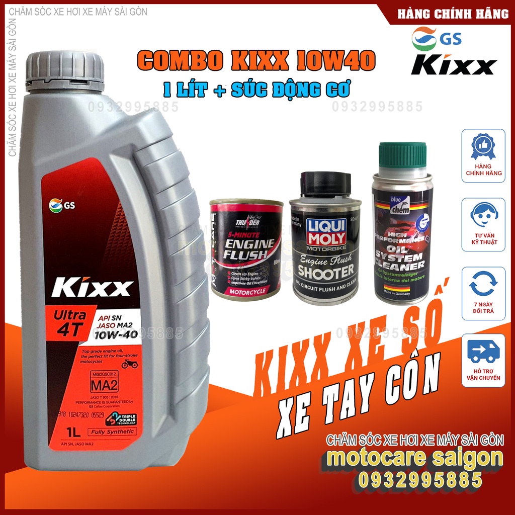 COMBO Nhớt Kixx Ultra 10W40 SN 1L và dung dịch súc động cơ Thunder liqui hoặc bluechem