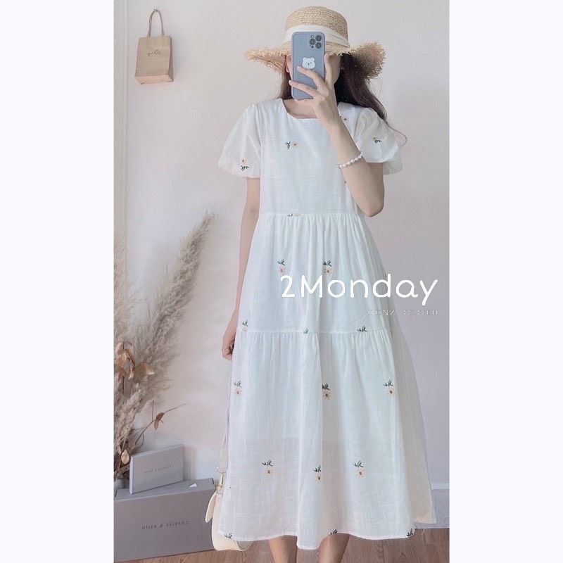 [Ảnh thật/Video] Đầm váy hoa cúc vàng tay bồng lụa hàn mềm mịn xinh