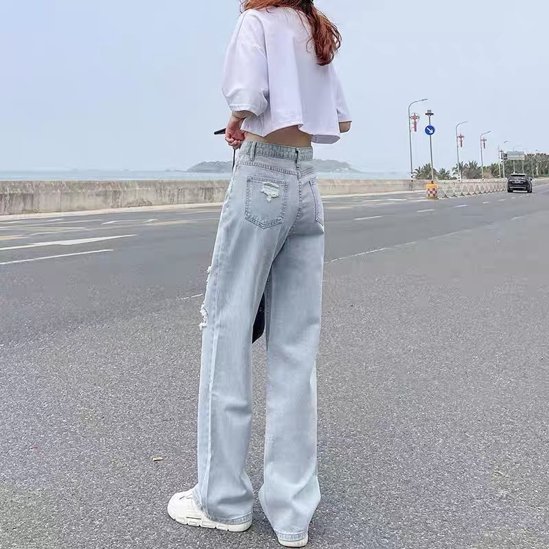 Quần jeans nữ ống rộng, quần bò nữ mài rách đầu gối dáng suông - shopbelinh