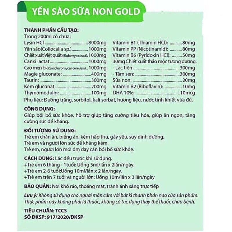 Siro Yến Sào Sữa Non gold hỗ trợ tiêu hóa, giúp ăn ngủ ngon, bổ sung vitamin, khoáng chất cho cơ thể - Hộp 4 x 5 ống