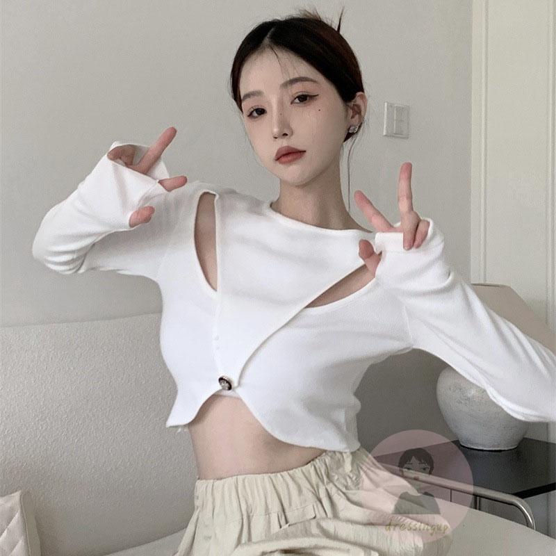 Áo Thun Dệt Kim Tay Dài Cổ Tròn Màu Sắc Đơn Giản Dành Cho Nữ