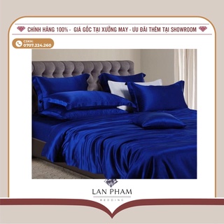 (Loại 1) Bộ Chăn Trần Bông Ga Gối Phi Lụa 5 Món Cao Cấp Lan Bedding Mát Lạnh Màu Xanh Biển