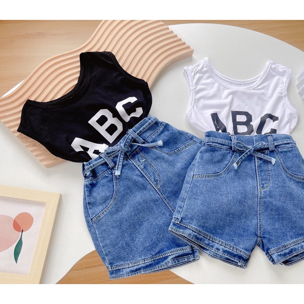Bộ cộc tay bé gái, set bộ áo ba lỗ ABC kèm quần short Jean siêu cá tính cho bé