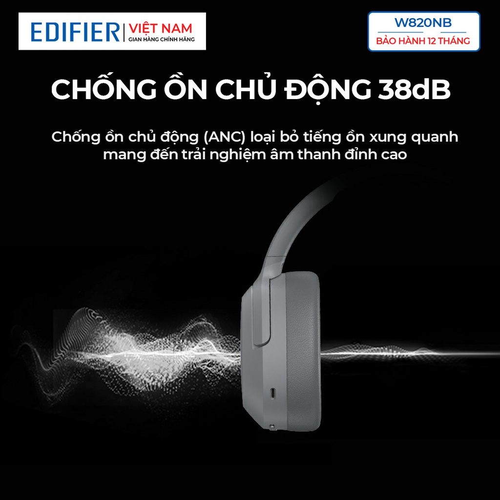 Tai nghe bluetooth over-ear Edifier W820Nb - Hires Audio - Chống ồn chủ động pin 49 giờ Khử ồn đàm thoại - Chính hãng