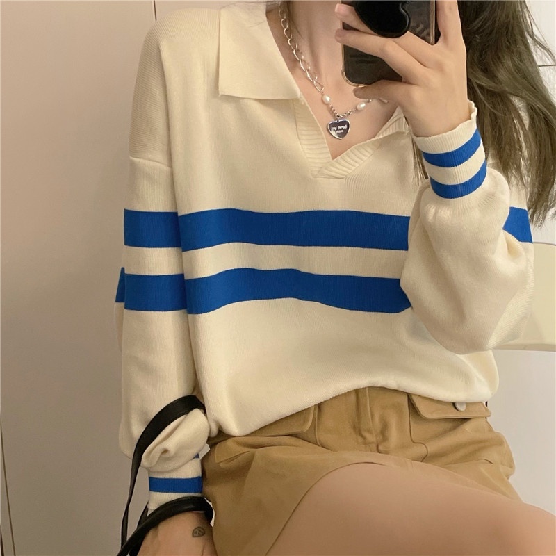 NZN  Áo Sweater Tay Dài Cổ Bẻ Phong Cách Retro Hàn Quốc Thời Trang Cho Nữ
