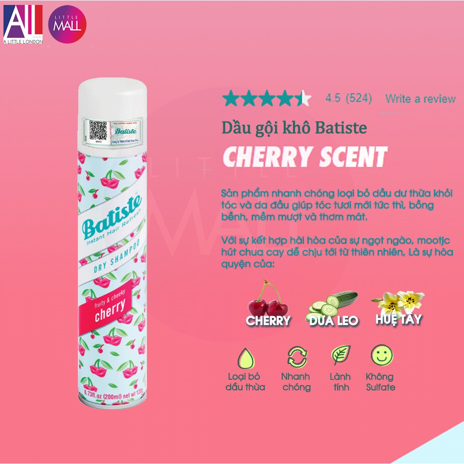 Dầu gội khô Batiste dry shampoo 200ml TẶNG mặt nạ Sexylook (Nhập khẩu)