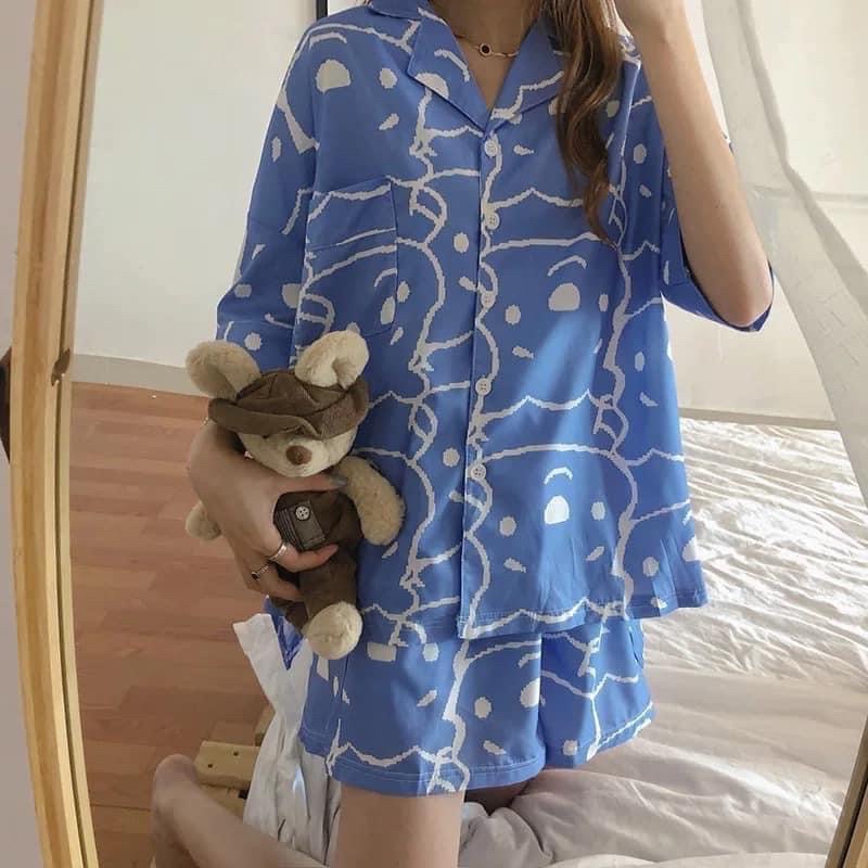 Bộ ngủ pijama hoạ tiết hoa quả vải đũi kate mặc mát phù hợp mùa hè